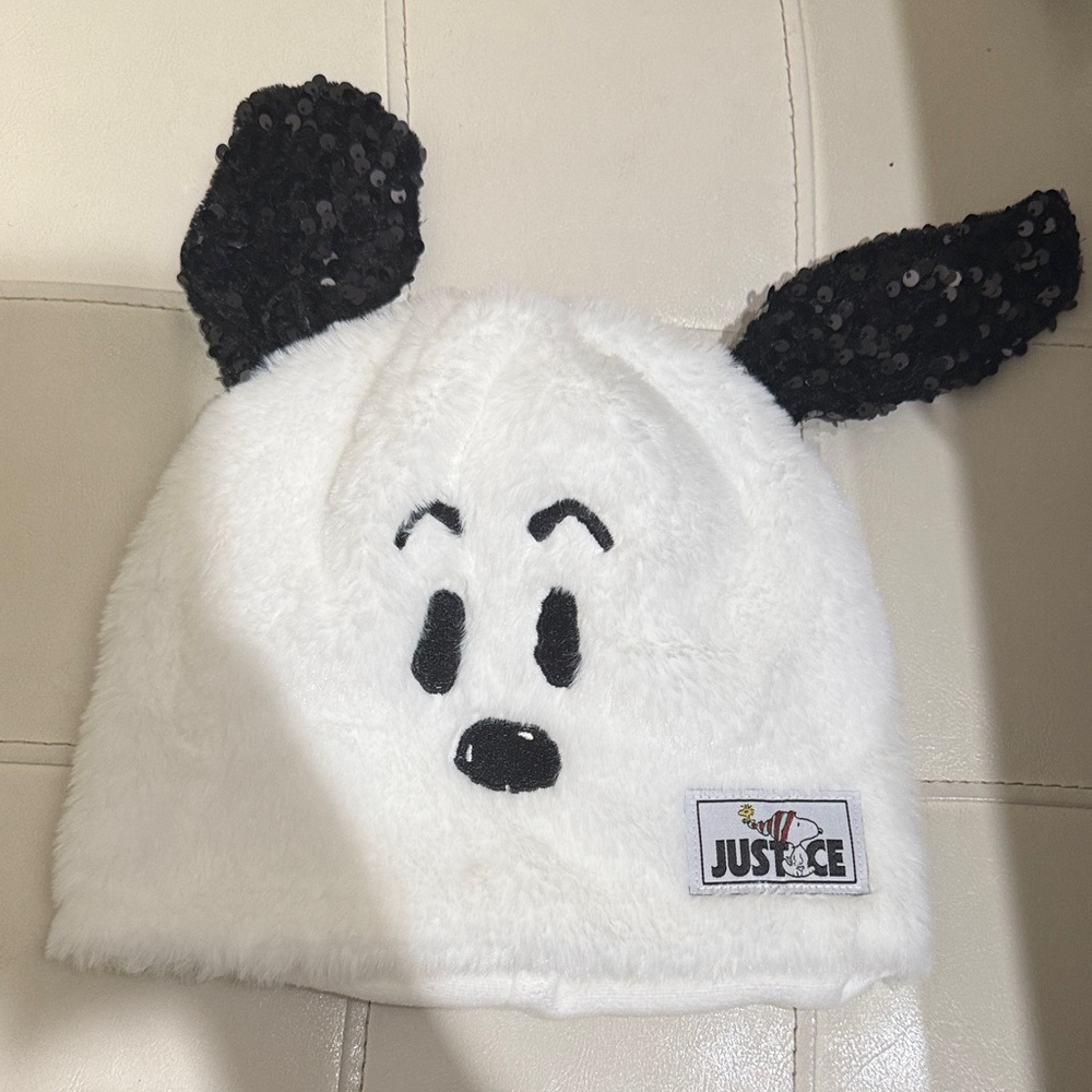 Justice Snoopy Beanie with Black Sequin Ears and Embroidered Face Faux Fur